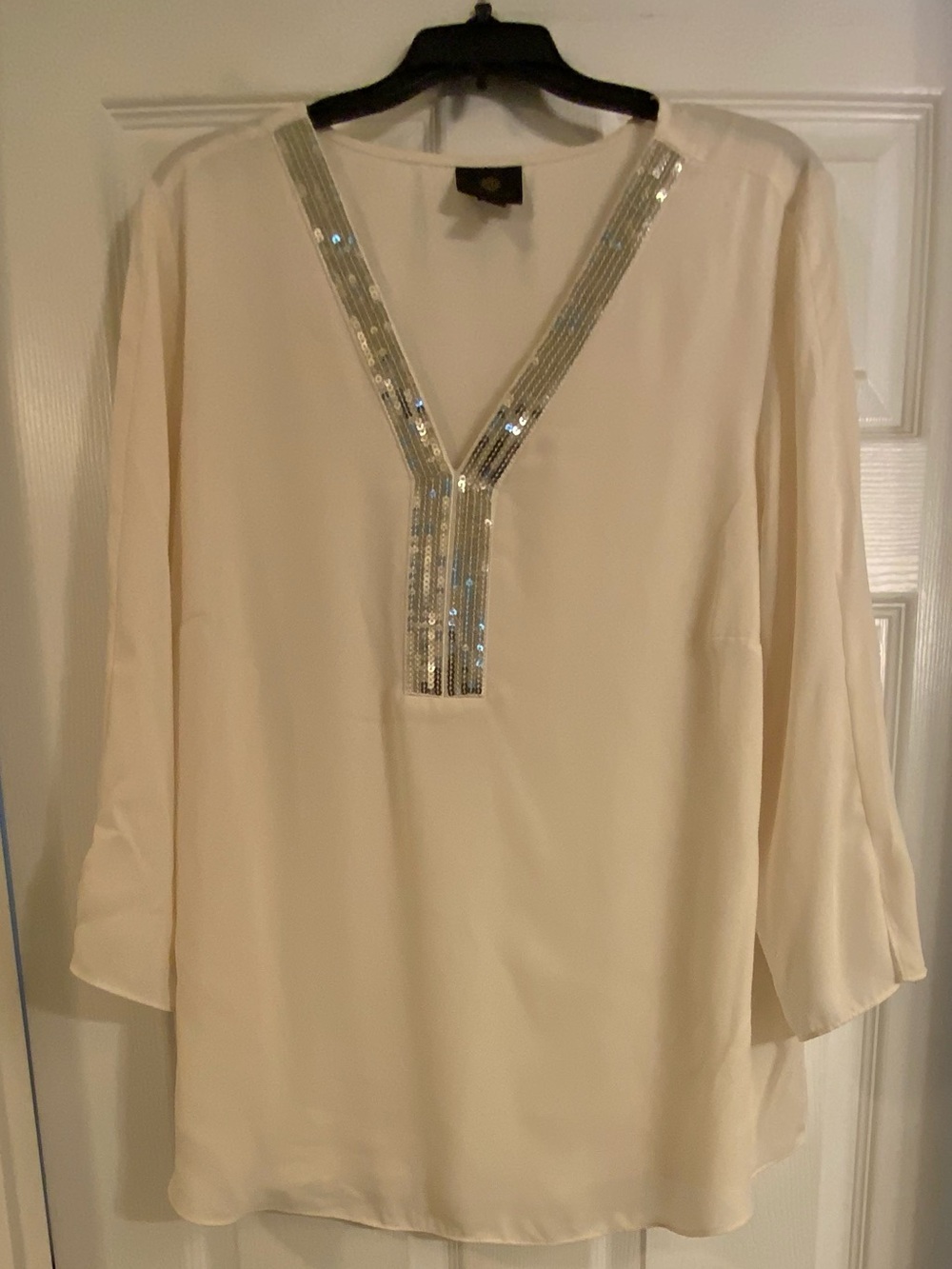 JM Collection Cream V-Neck Sequin Trim Blouse